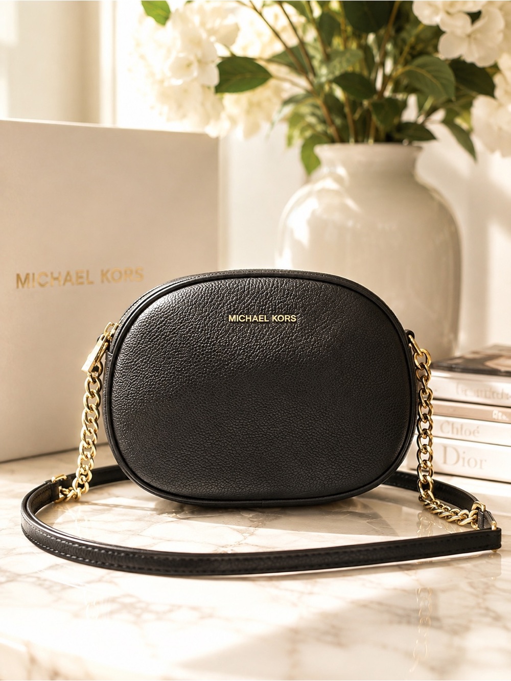 Michael Kors Black Pebbled Leather Crossbody Camera Bag Gold Chain Like New